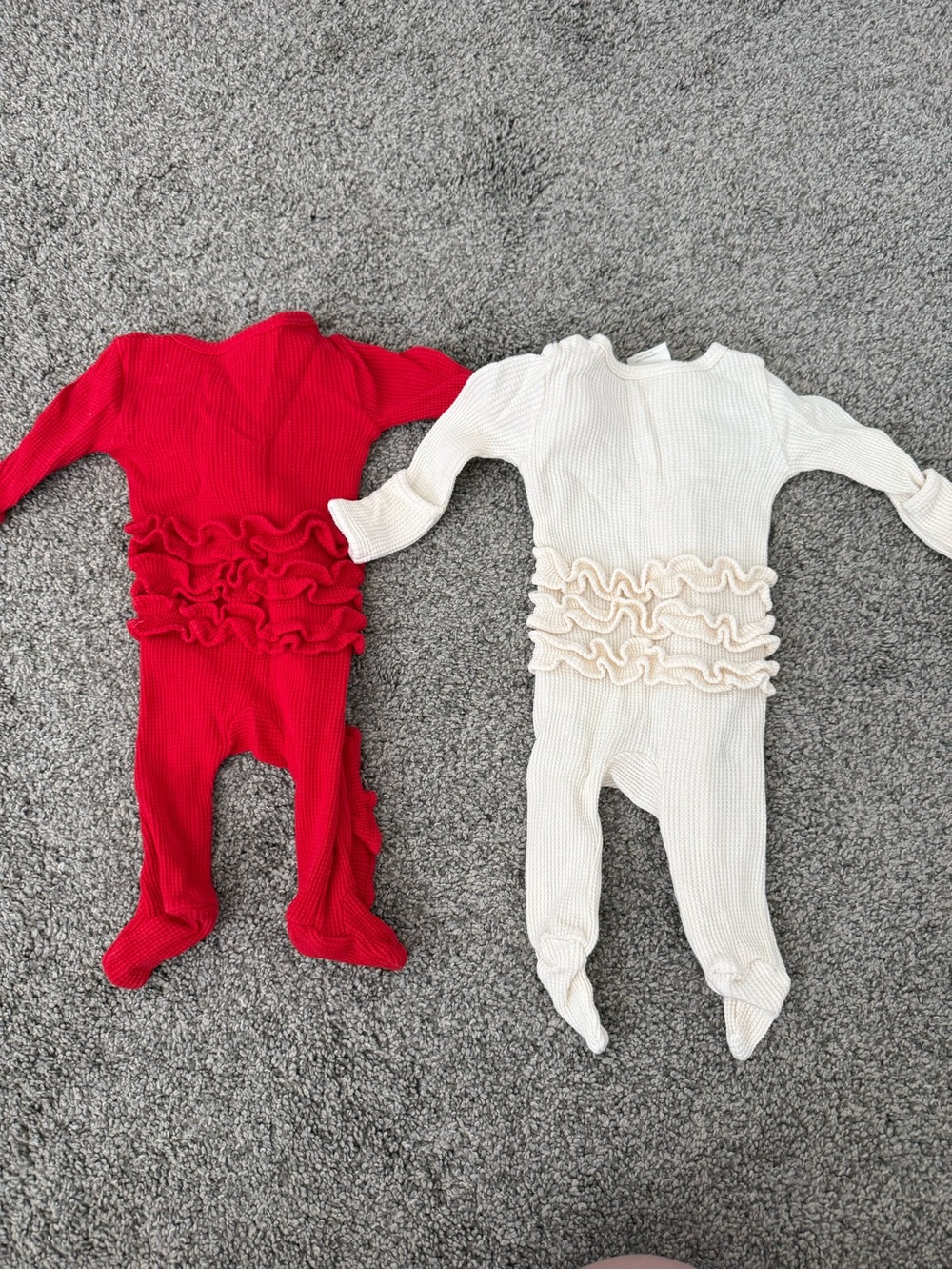 Ruffle-Trim Footed One-Piece Romper in Red and Cream - Picture 2 of 2